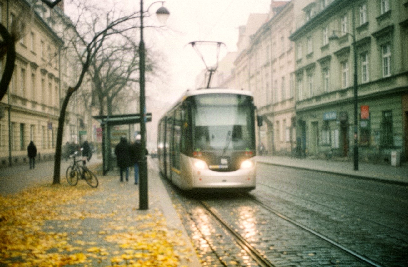 Niskopodłogowy tramwaj na przystanku przy starej krakowskiej ulicy jesienią